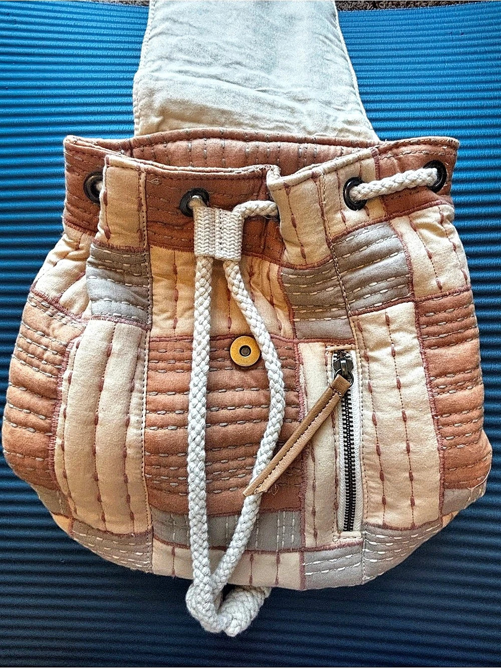Universal Thread Patchwork Quilted Drawstring Backpack Brown & Cream - Picture 3 of 6